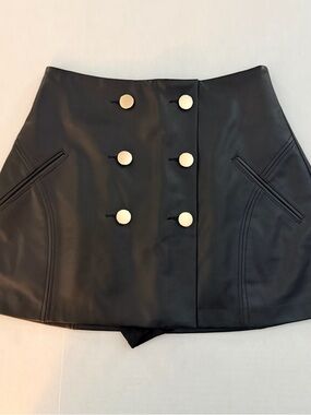 Anthropologie Black Faux Leather Mini Skirt with Gold Buttons
